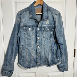 BLANKNYC Distressed Denim Jacket Raw Hem Blue Jean Jacket Size L Urban Casual
